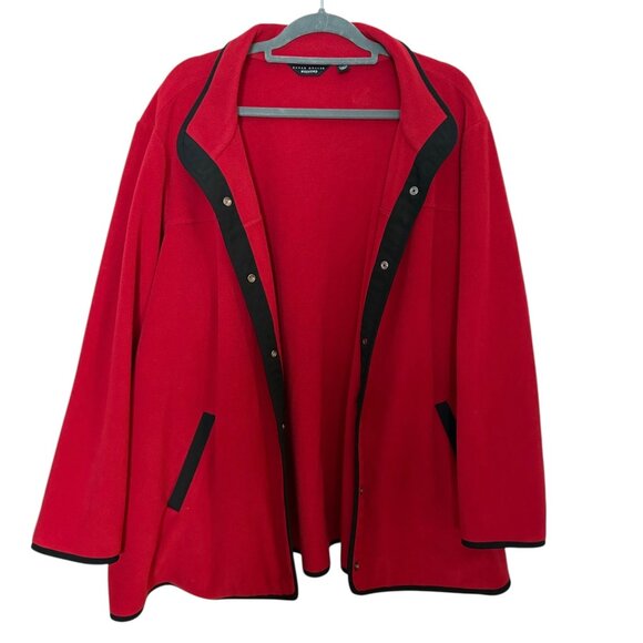 Susan Graver Weekend 3X Red Fleece Snap-Front Jacket Black Trimmed Collar Pocket - Picture 3 of 12